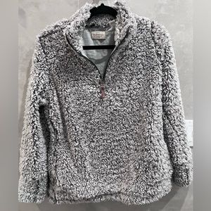 Fleece pullover quarter zip sweater MEDIUM faux fur grey pockets winter jacket